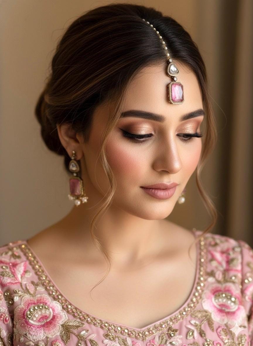 SAIRA Pink doublet stone maangtika in doublet stone, Indian bridal jewelry, forehead jewelry