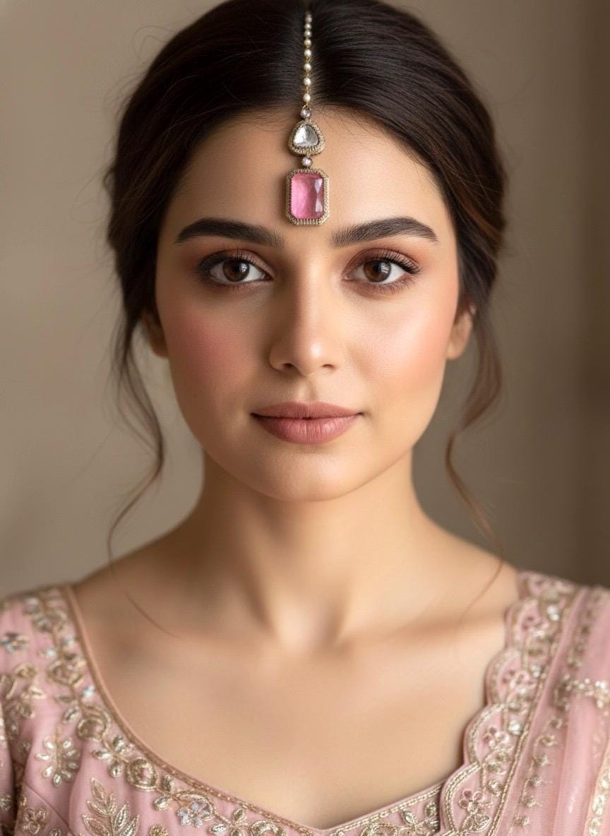 SAIRA Pink doublet stone maangtika in doublet stone, Indian bridal jewelry, forehead jewelry