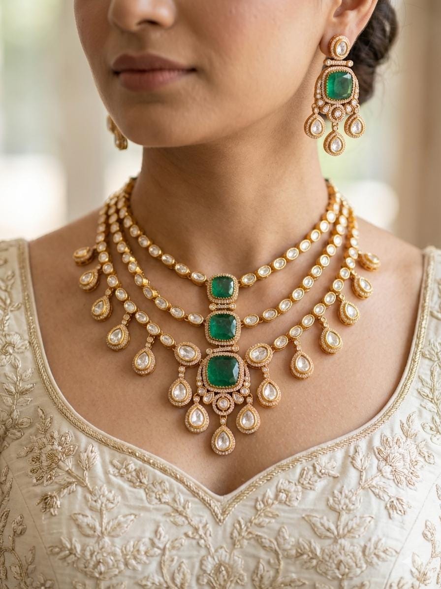 MAHVEEN Green Kundan and  polki doublet stone multilayered necklace set,Indian Pakistani green colour wedding bridal jewelery