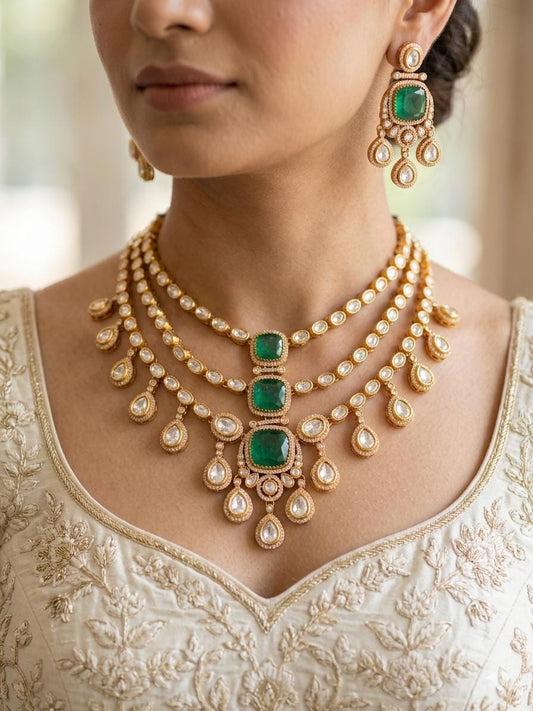MAHVEEN Green Kundan and  polki doublet stone multilayered necklace set,Indian Pakistani green colour wedding bridal jewelery