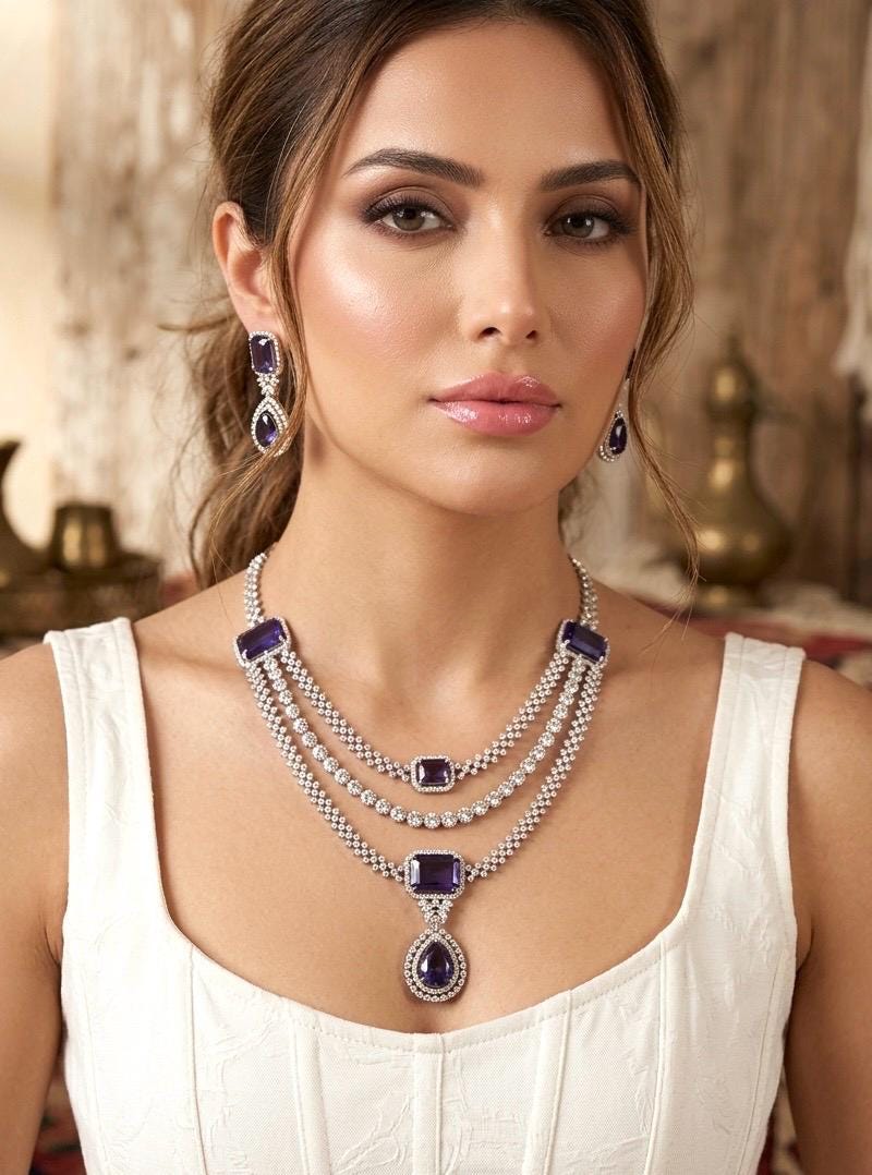 LEILA Multilayer lilac purple necklace earrings Statement American Diamond,Indian Jewelry Pakistani Wedding jewellery Cz Zircon,prom