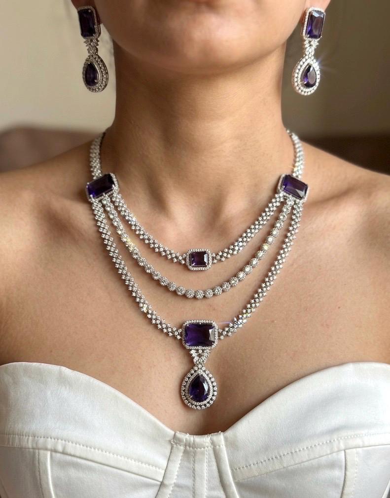 LEILA Multilayer lilac purple necklace earrings Statement American Diamond,Indian Jewelry Pakistani Wedding jewellery Cz Zircon,prom