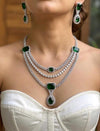 LEILA Multilayer Emerald green necklace earrings Statement American Diamond,Indian Jewelry Pakistani Wedding jewellery Cz Zircon,prom