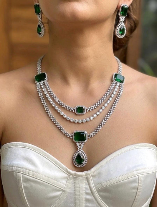 LEILA Multilayer Emerald green necklace earrings Statement American Diamond,Indian Jewelry Pakistani Wedding jewellery Cz Zircon,prom