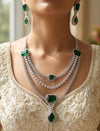LEILA Multilayer Emerald green necklace earrings Statement American Diamond,Indian Jewelry Pakistani Wedding jewellery Cz Zircon,prom