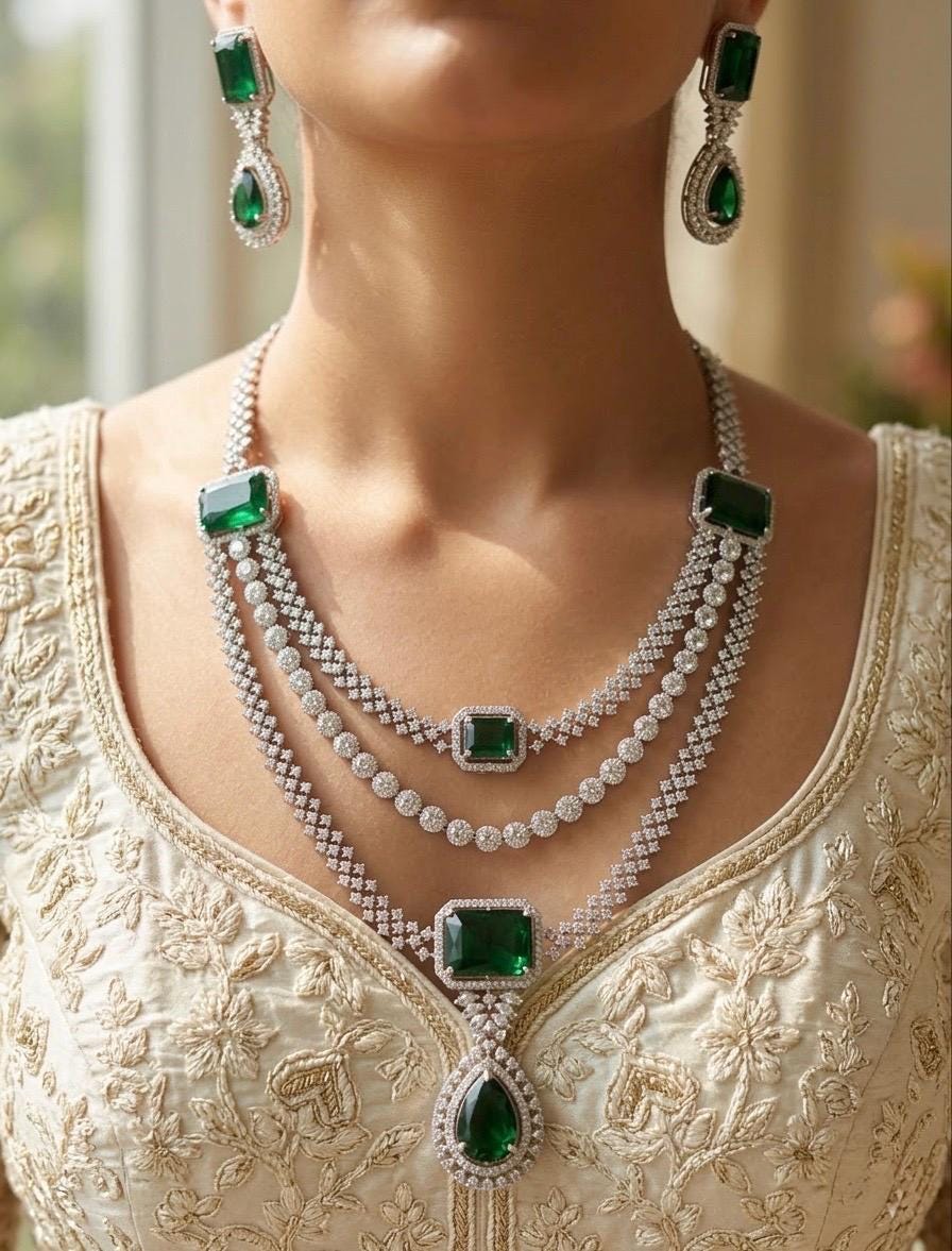 LEILA Multilayer Emerald green necklace earrings Statement American Diamond,Indian Jewelry Pakistani Wedding jewellery Cz Zircon,prom