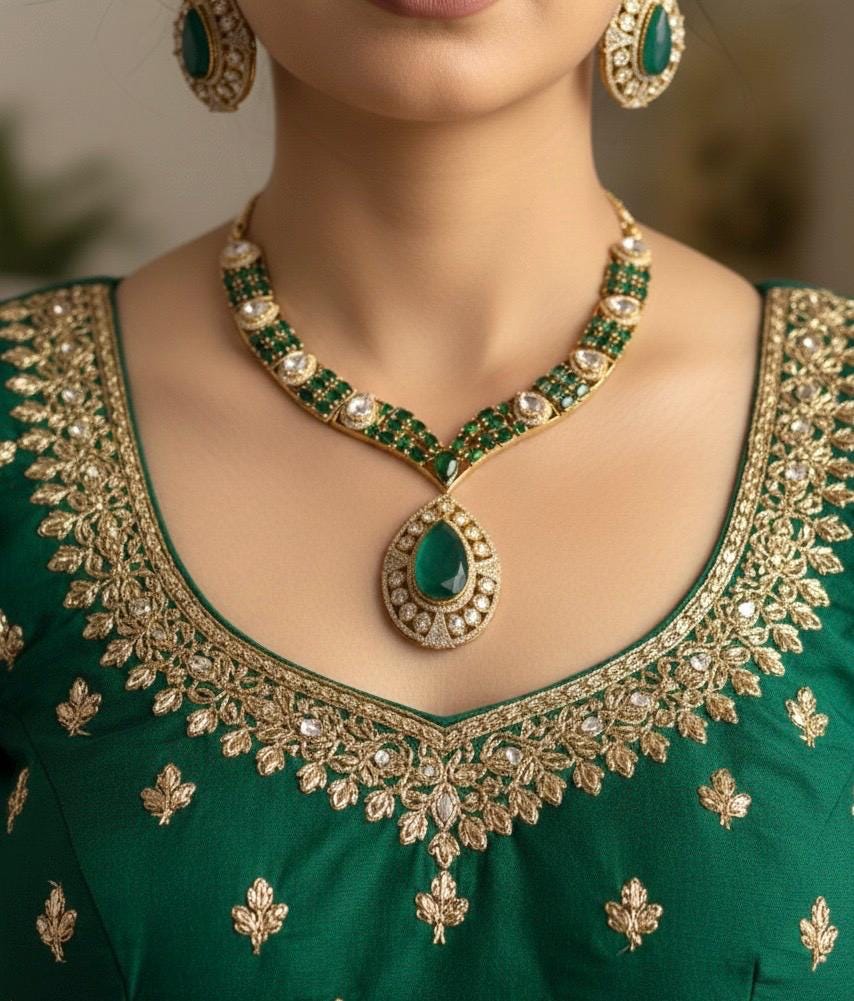 SUHAIRA Sabyasachi inspired Emerald green kundan and polki necklace set in doublet stones,Indian wedding Bridal pakistani jewelery
