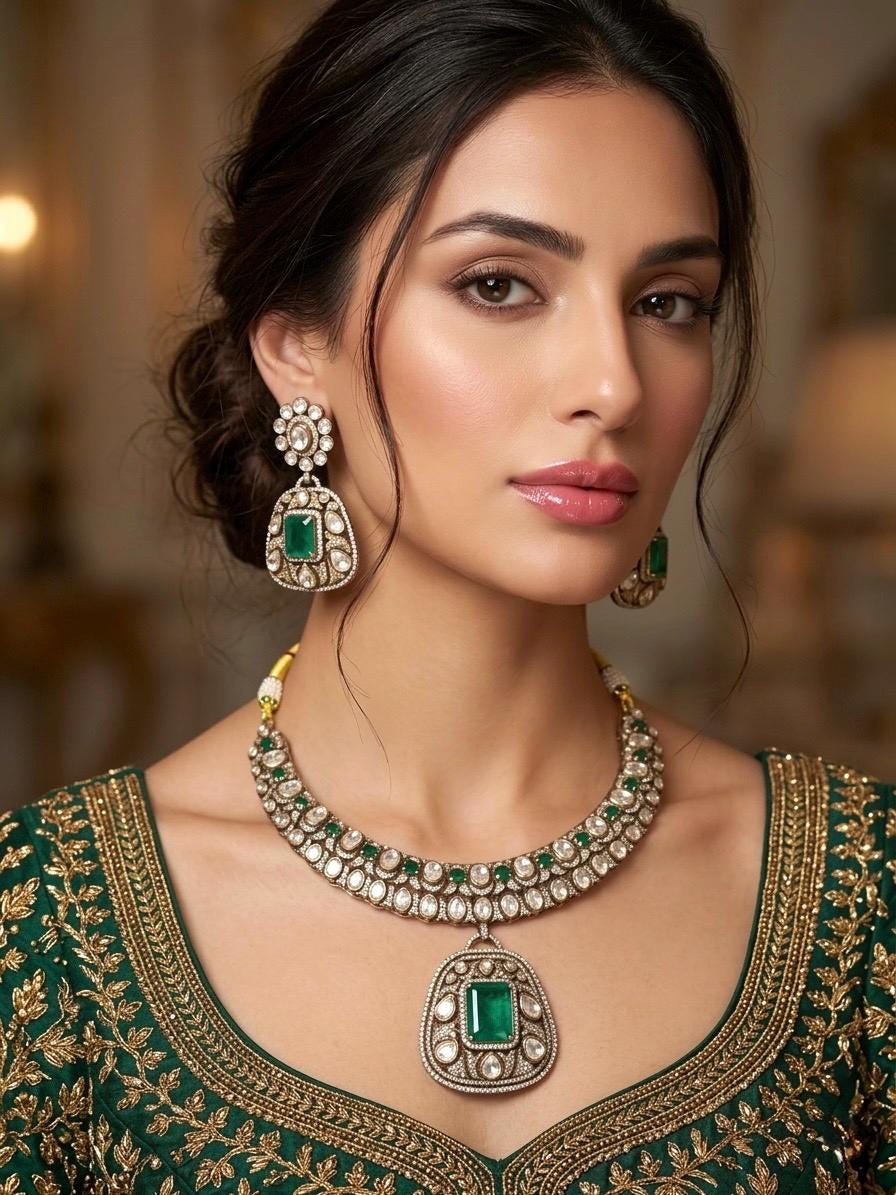 ZOHA Emerald Green kundan and moissanite necklace set in doublet stone,Indian Pakistani wedding jewelry in antique golden polish