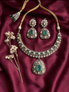ZOHA Emerald Green kundan and moissanite necklace set in doublet stone,Indian Pakistani wedding jewelry in antique golden polish