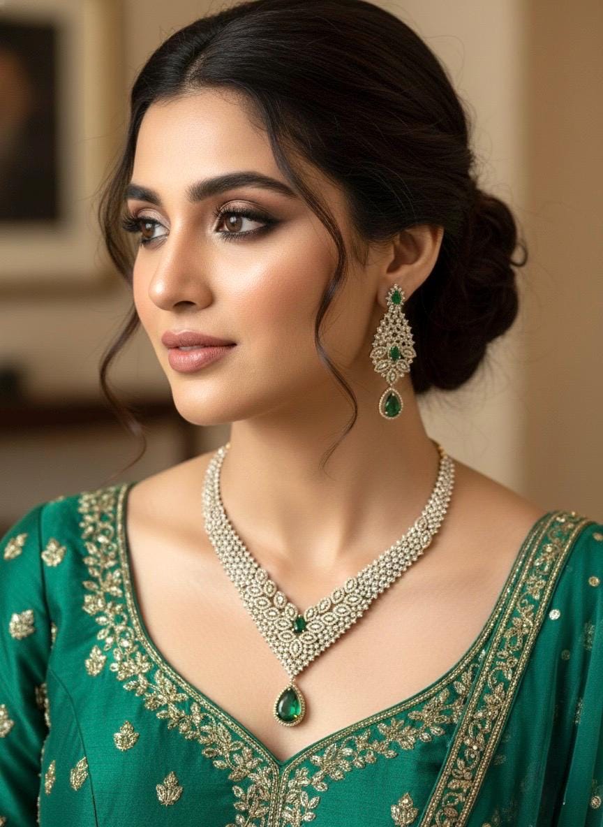 RUHIKA Emerald green cz and zircon  necklace set in mehndi golden polish,Indian Pakistani antique polish wedding jewelry