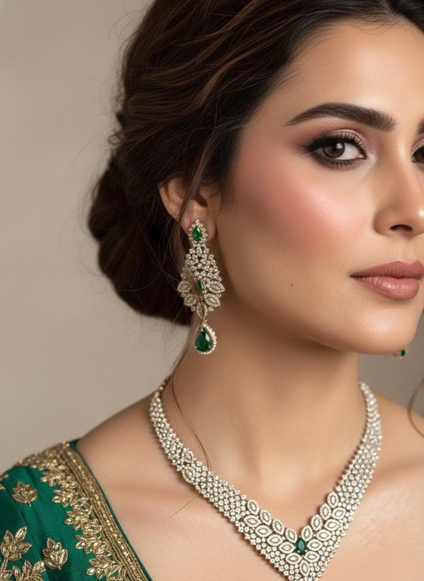 RUHIKA Emerald green cz and zircon  necklace set in mehndi golden polish,Indian Pakistani antique polish wedding jewelry