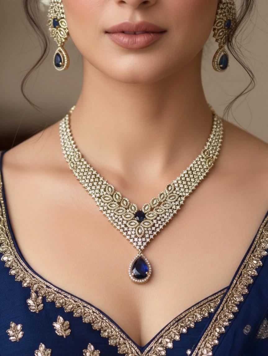 RUHIKA Navy blue cz and zircon  necklace set in mehndi golden polish,Indian Pakistani antique polish wedding jewelry