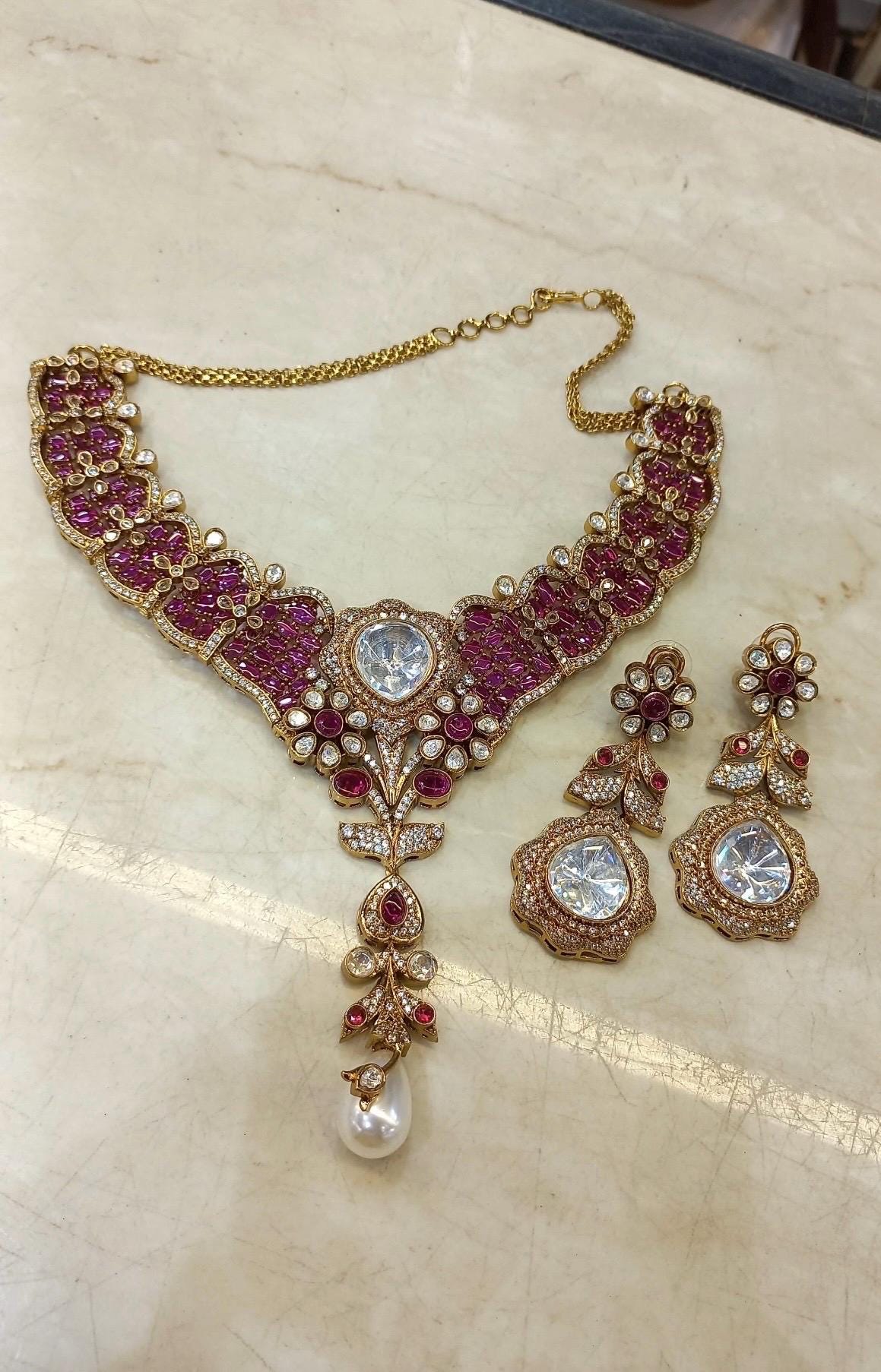 MANNAT Premium quality Kundan and Polki Ruby necklace set, Indian Pakistani wedding and festive jewelery,exquisite collar style necklace set