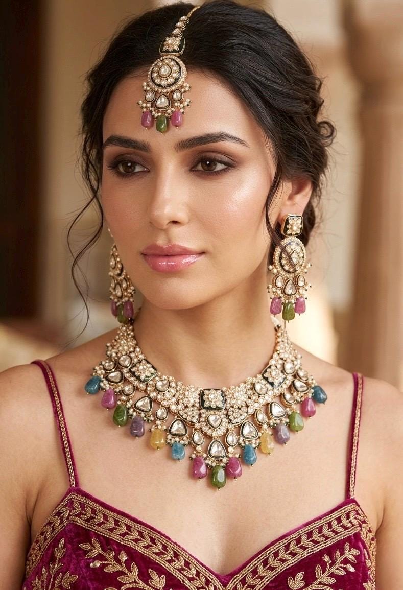 ZAINAA Premium quality Navratan Moissanite and kundan Necklace set , multicoloured navratna jewelry, Indian Pakistani wedding bridal jewelry