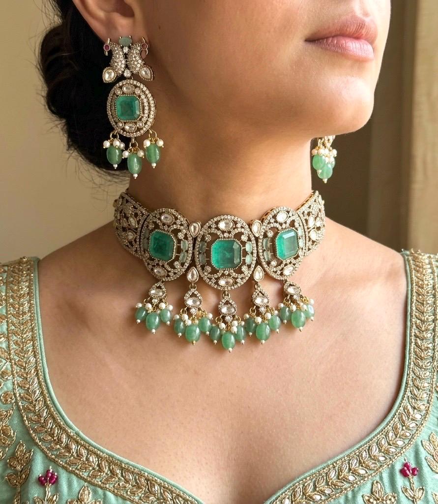 TANISHI Mint green Doublet Stone kundan Necklace choker Set  Earrings,moissanite kundan Indian Pakistani wedding bridal  jewelry