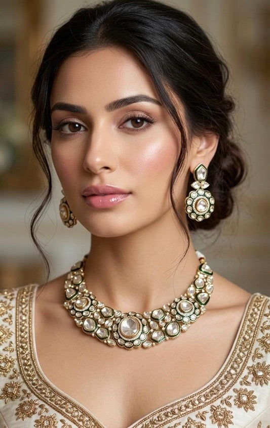 FIRDAUS Premium quality Moissanite polki and kundan Necklace set in emerald green meenakari , Indian Pakistani wedding bridal jewelry