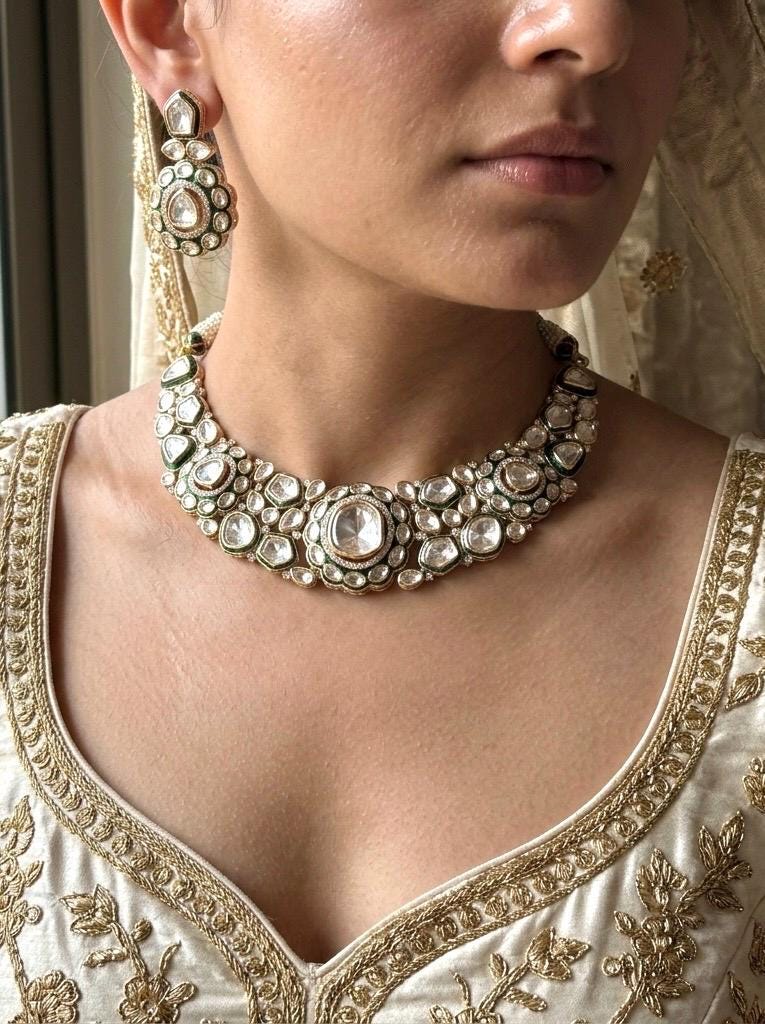 FIRDAUS Premium quality Moissanite polki and kundan Necklace set in emerald green meenakari , Indian Pakistani wedding bridal jewelry
