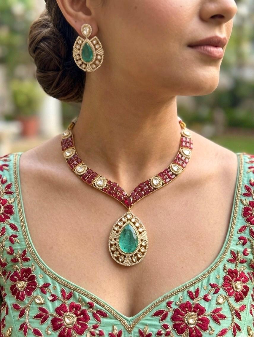 SUHAIRA Sabyasachi inspired mint ruby colour  kundan necklace set in premium quality doublet stones,Indian wedding Bridal pakistani jewelery
