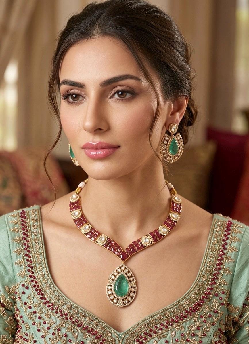 SUHAIRA Sabyasachi inspired mint ruby colour  kundan necklace set in premium quality doublet stones,Indian wedding Bridal pakistani jewelery