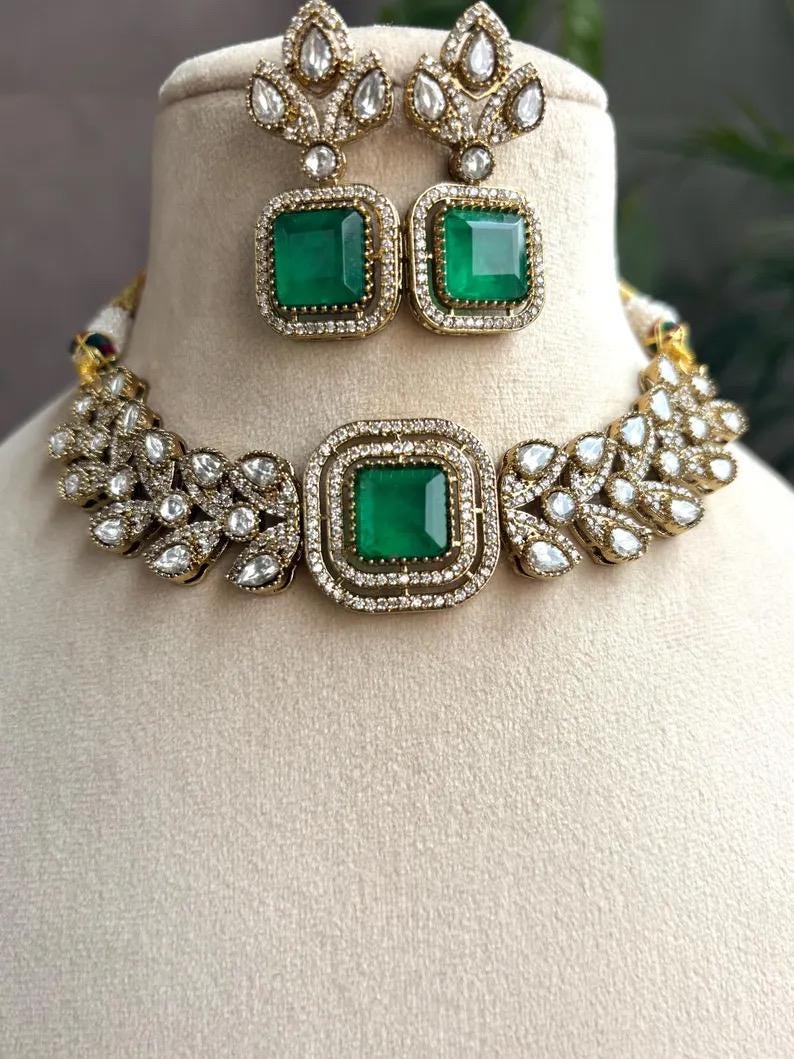 VRINDA Emerald green Victorian style Sabyasachi kundan choker set,cz Indian Bridal jewelry,doublet stone,pakistani wedding jewelley