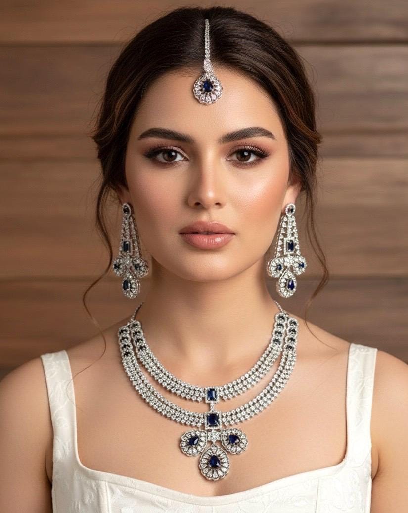 LYLA Sapphire blue American Diamond necklace earrings maangtika blue colour jewelryPakistani nikaah wedding jewelry,Indian bollywood jewelry