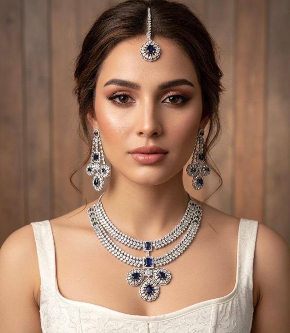 LYLA Sapphire blue American Diamond necklace earrings maangtika blue colour jewelryPakistani nikaah wedding jewelry,Indian bollywood jewelry