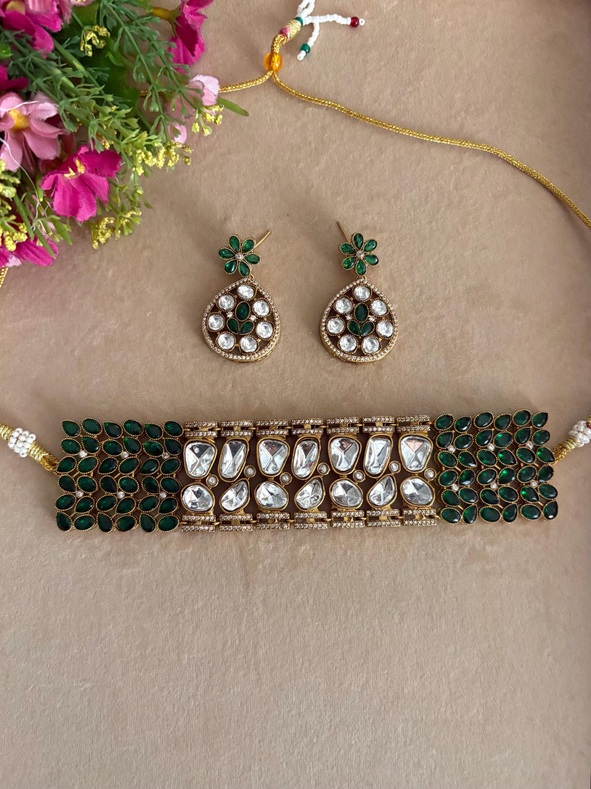 KUSUM Emerald Green kundan and polki Choker necklace with matching earrings ,Indian Pakistani wedding and festive jewelry