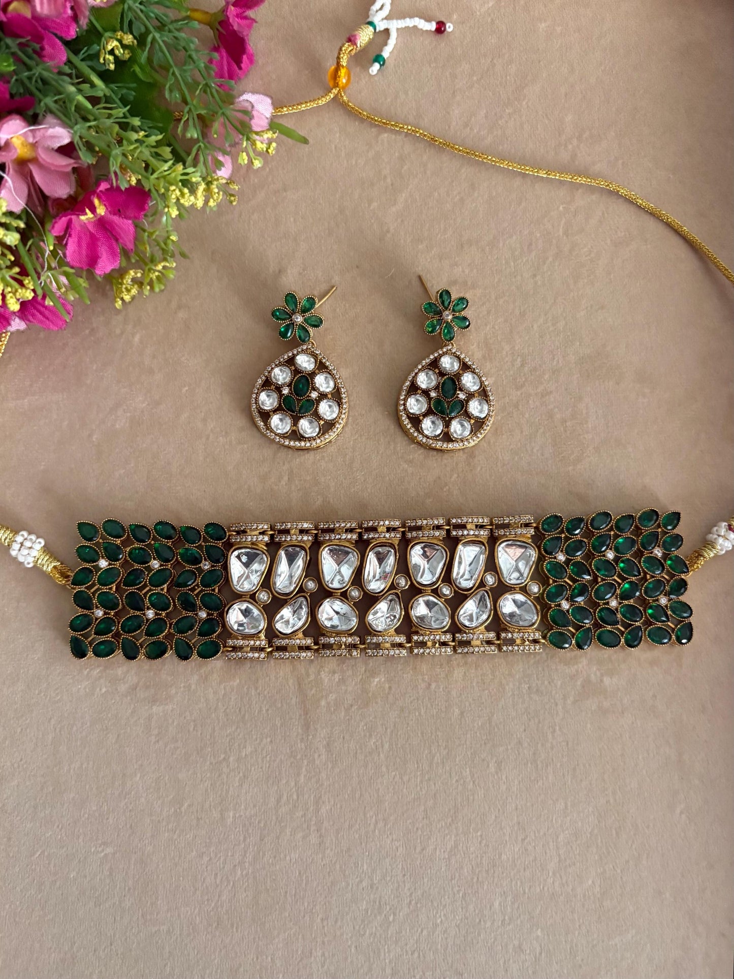 KUSUM Emerald Green kundan and polki Choker necklace with matching earrings ,Indian Pakistani wedding and festive jewelry