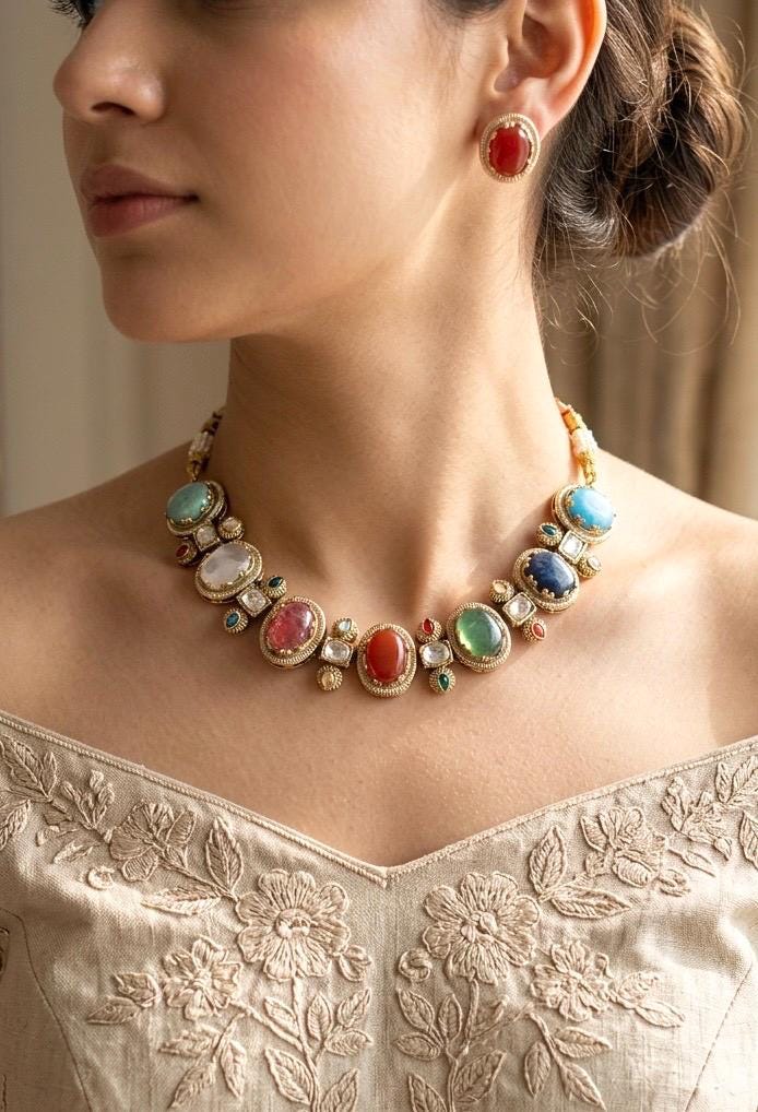 AZA Sabyasachi inspired multicoloured cabochon natural gemstones necklace with studs, Indian traditional Navratna style jewelry,