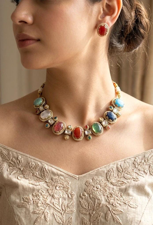 AZA Sabyasachi inspired multicoloured cabochon natural gemstones necklace with studs, Indian traditional Navratna style jewelry,