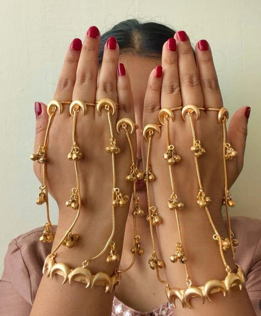 BELA Gold tone haathphool (hand harness) with rings and adjustable bangles, Indian Pakistani traditional bridal and festive jewe