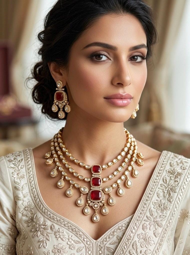 MAHVEEN Ruby red Kundan and polki doublet stone multilayered necklace set,Indian Pakistani green colour wedding bridal jewelery