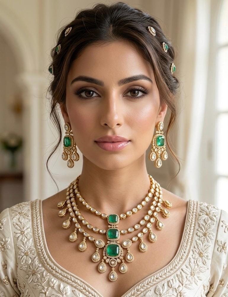MAHVEEN Green Kundan and  polki doublet stone multilayered necklace set,Indian Pakistani green colour wedding bridal jewelery