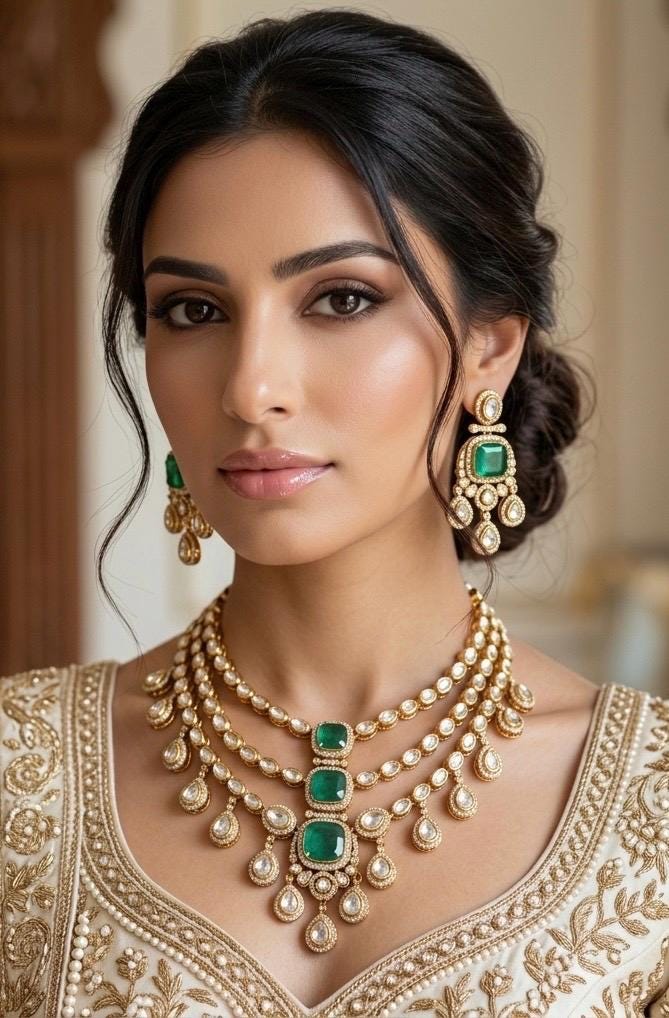 MAHVEEN Green Kundan and  polki doublet stone multilayered necklace set,Indian Pakistani green colour wedding bridal jewelery