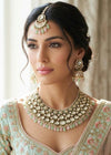 Mint pink Kundan necklace with earrings and maangtika,Indian Pakistani wedding and festive jewelry