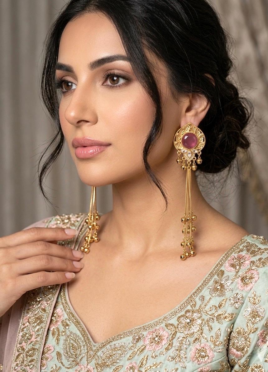 JENNA berry pink and golden Ghunghroo earrings, Kashmiri long statement earrings, Indian Pakistani ethnic tradition wedding jewelry