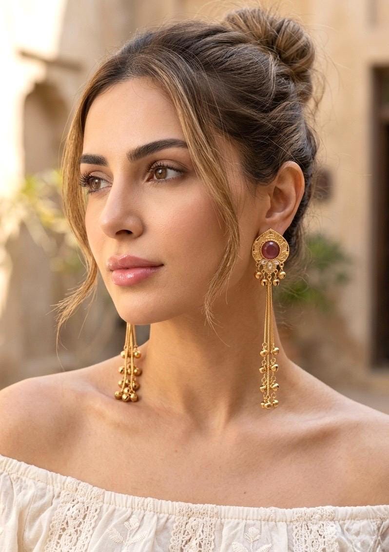 JENNA berry pink and golden Ghunghroo earrings, Kashmiri long statement earrings, Indian Pakistani ethnic tradition wedding jewelry