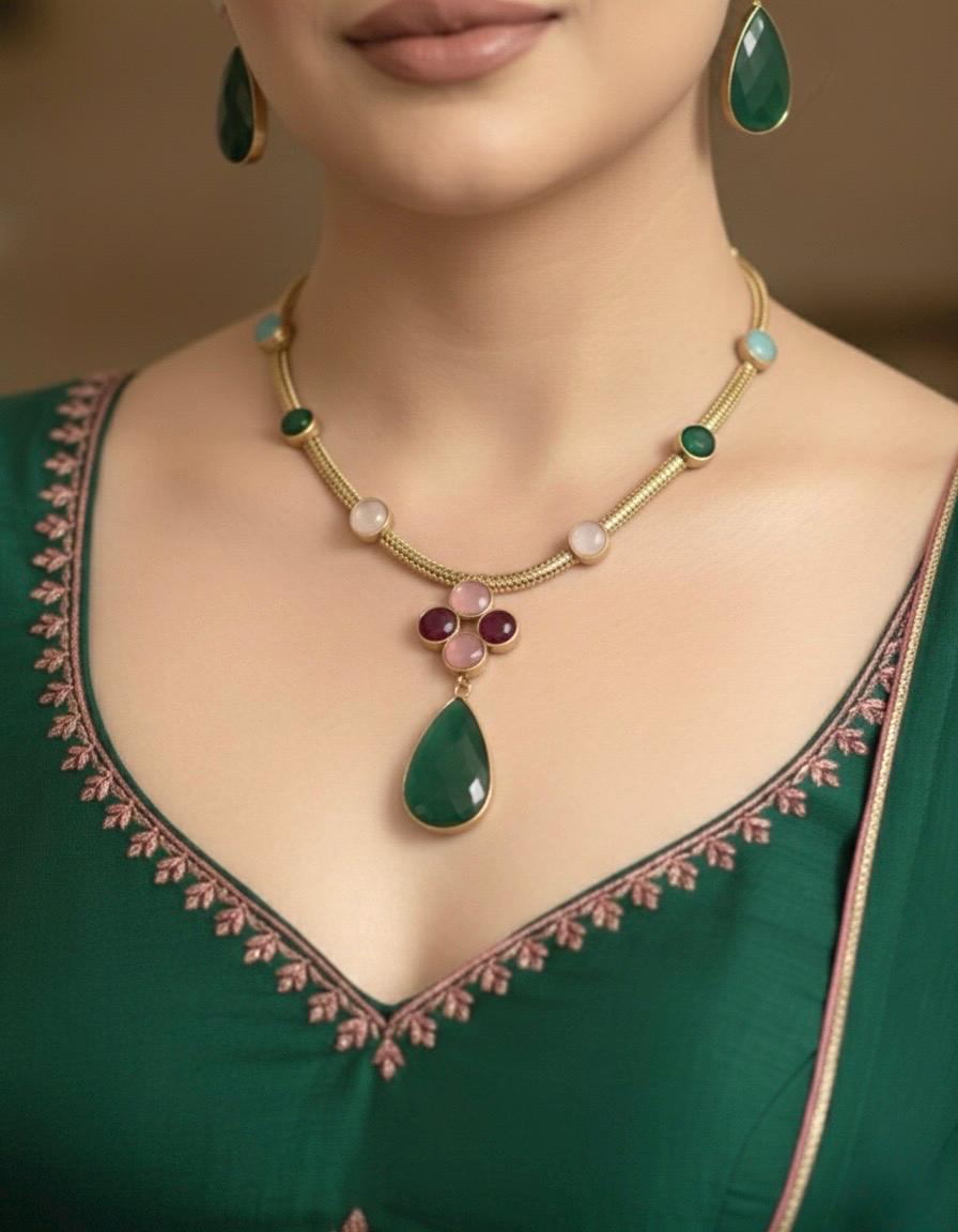 EKA Multicoloured Victorian style  necklace set and earrings ,Indo western fusion jewelry