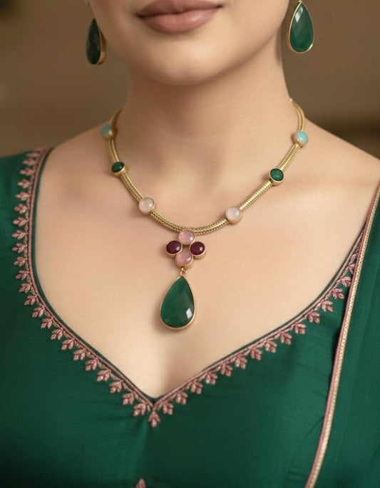 EKA Multicoloured Victorian style  necklace set and earrings ,Indo western fusion jewelry