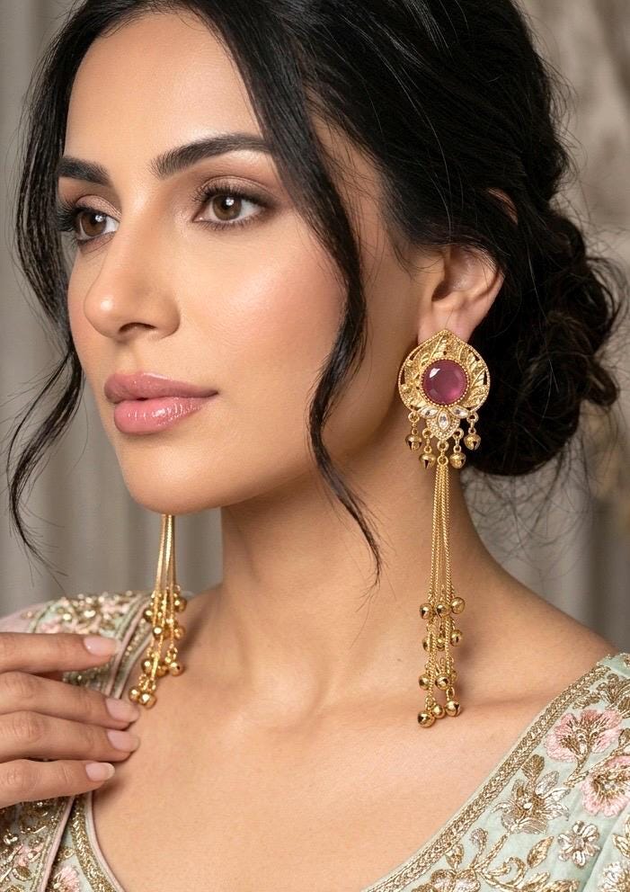 JENNA berry pink and golden Ghunghroo earrings, Kashmiri long statement earrings, Indian Pakistani ethnic tradition wedding jewelry