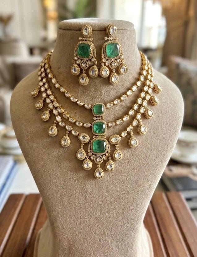 MAHVEEN Emerald Green kundan polki doublet stone multilayered necklace set,Indian Pakistani green colour wedding bridal jewelery