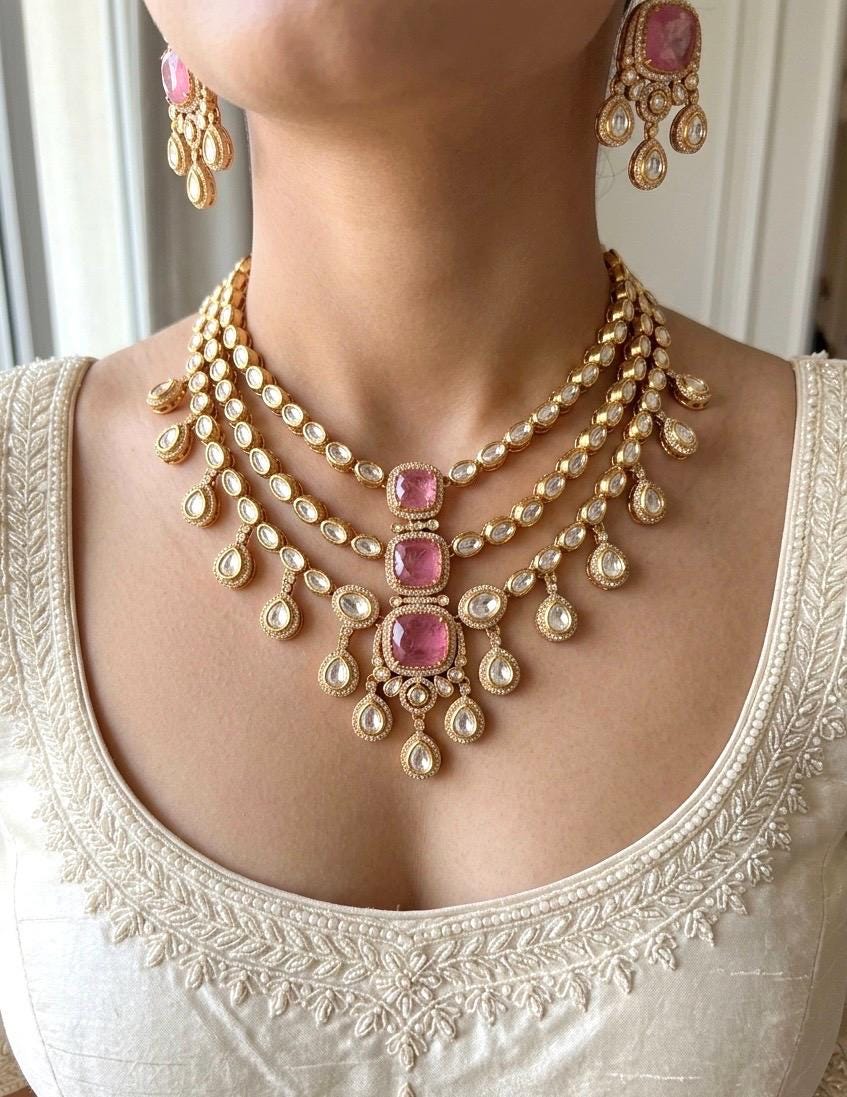 MAHVEEN Pink kundan polki doublet stone multilayered necklace set,Indian Pakistani pink colour wedding bridal jewelery