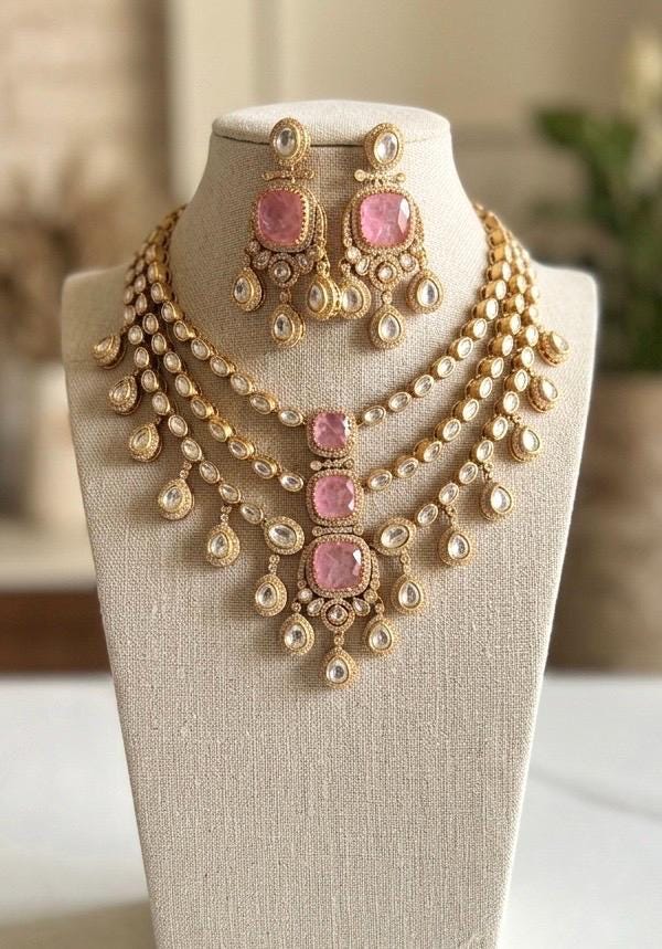 MAHVEEN Pink kundan polki doublet stone multilayered necklace set,Indian Pakistani pink colour wedding bridal jewelery