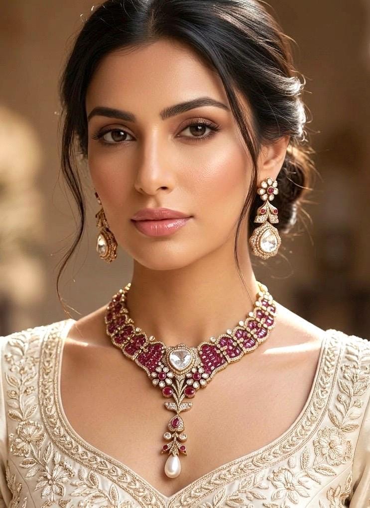 MANNAT Premium quality Kundan and Polki Ruby necklace set, Indian Pakistani wedding and festive jewelery,exquisite collar style necklace set