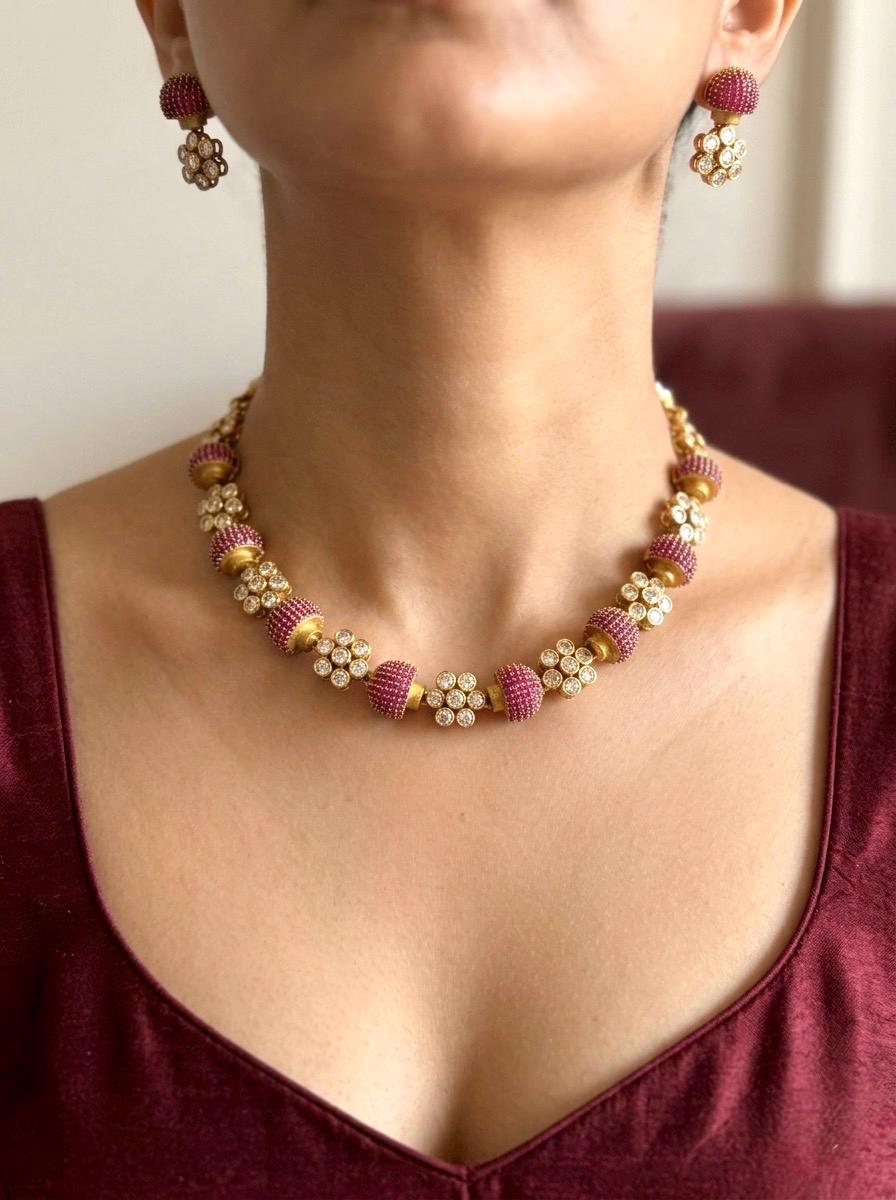 ESHAL pink ruby colour cz zircon sleek necklace with matching earrings, Indian ethnic jewelry