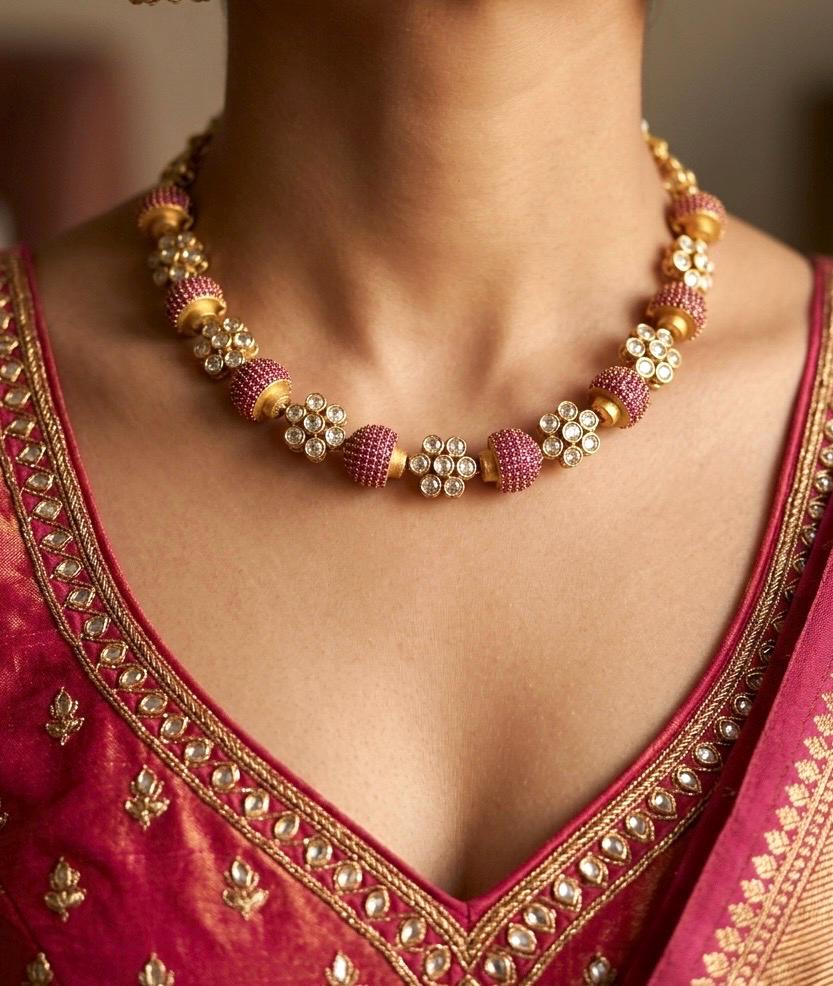 ESHAL pink ruby colour cz zircon sleek necklace with matching earrings, Indian ethnic jewelry