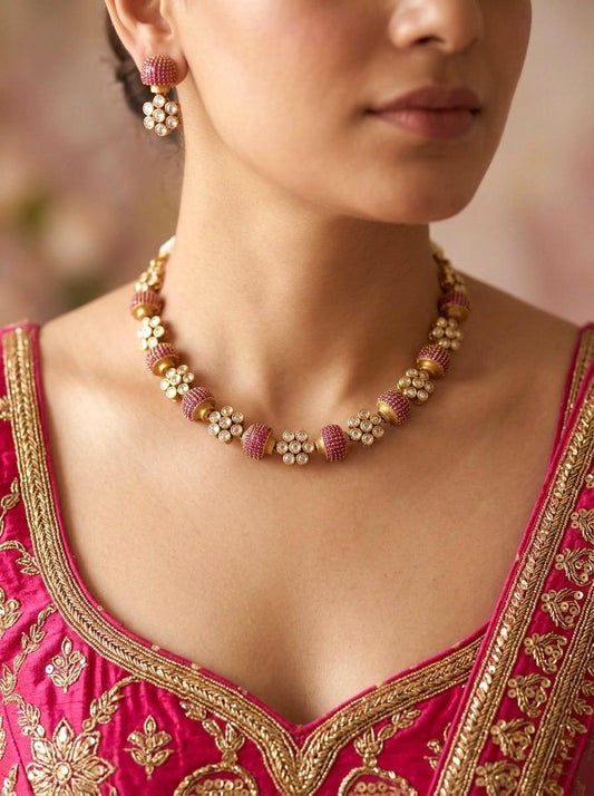 ESHAL pink ruby colour cz zircon sleek necklace with matching earrings, Indian ethnic jewelry