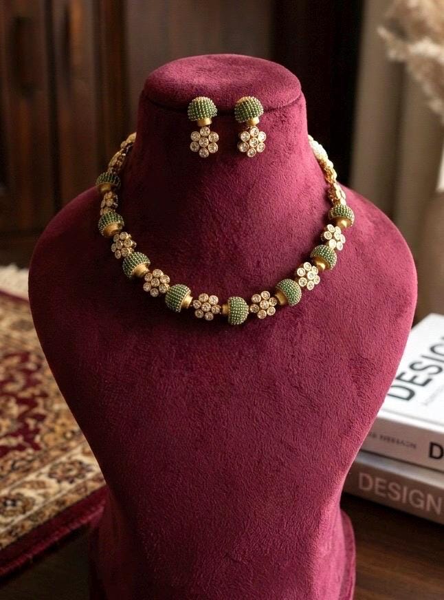 ESHAL green colour cz zircon sleek necklace with matching earrings, Indian ethnic jewelry in matt gold polish