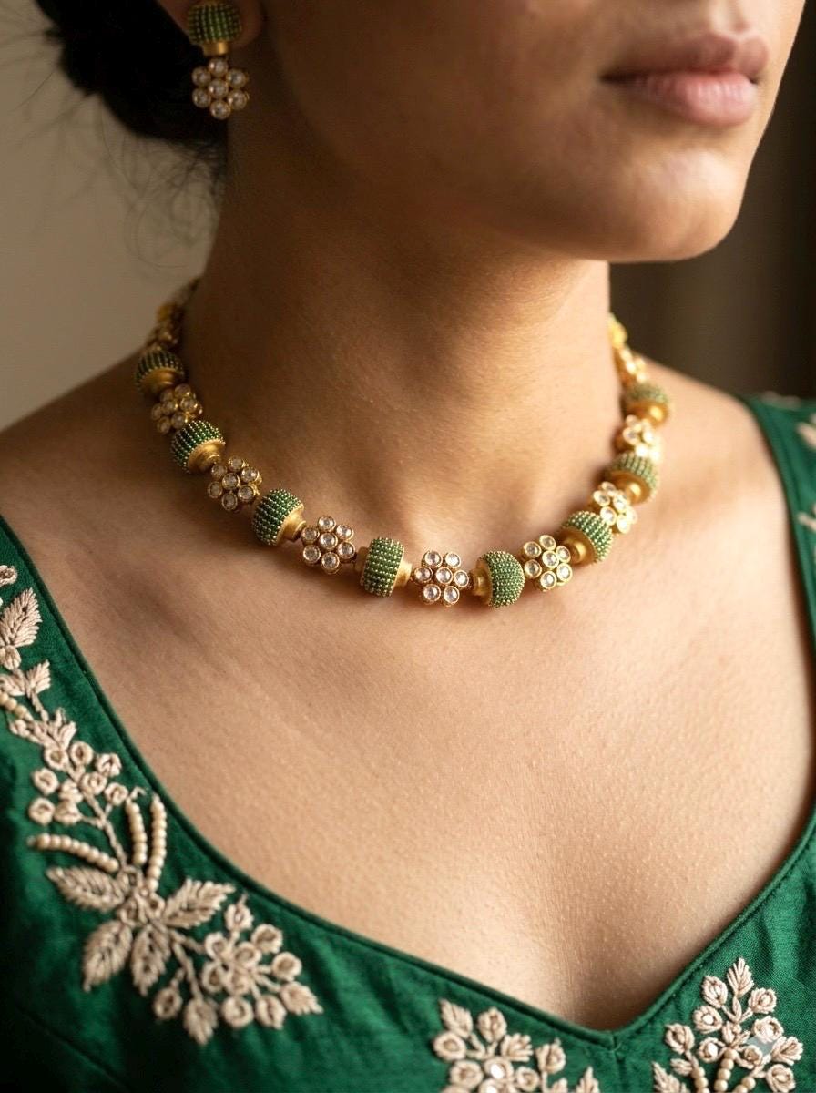 ESHAL green colour cz zircon sleek necklace with matching earrings, Indian ethnic jewelry in matt gold polish