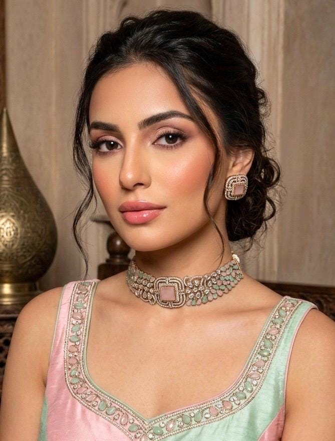 SHAZA mint pink kundan choker set in matt gold polish ,cz Indian Pakistani wedding and festive jewelry